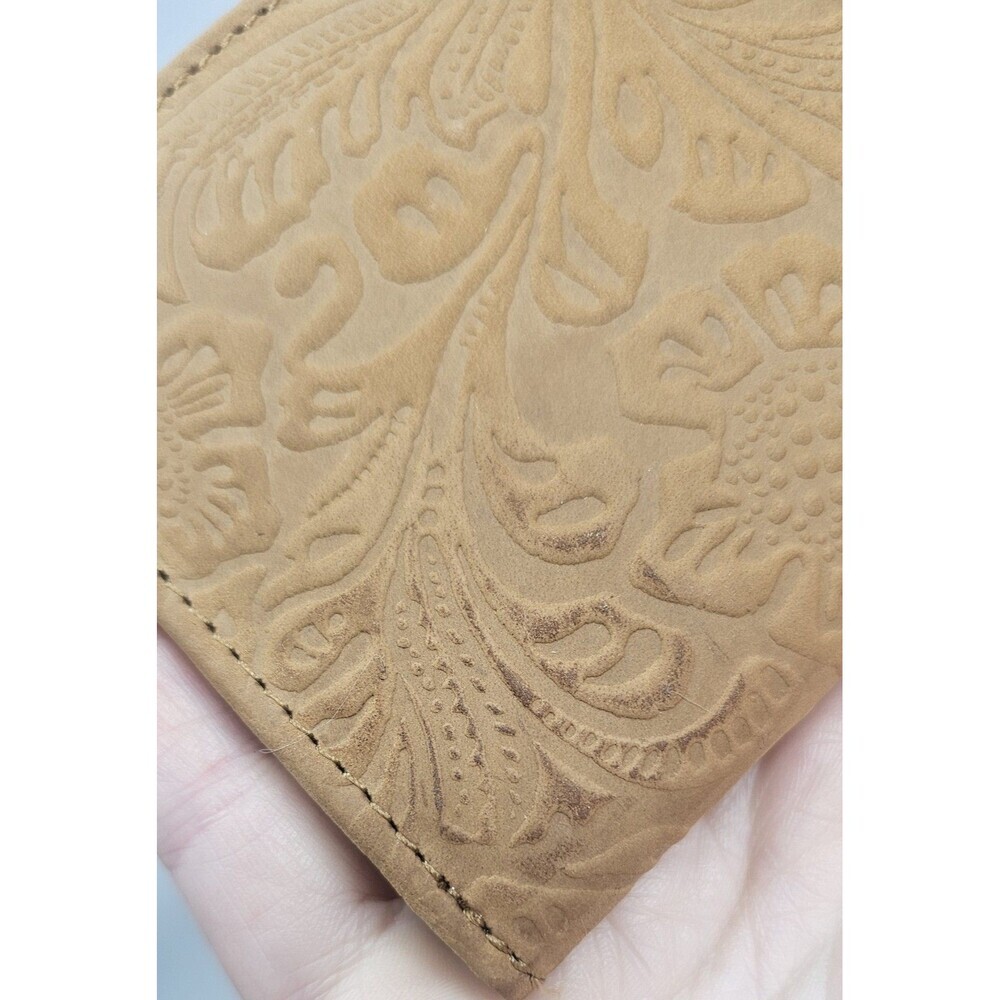 Tooled Embossed Soft Leather Wallet Credit Card BiFold Checkbook Tan RFID Floral - Picture 5 of 12